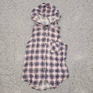 Polly Esther [ USED | Medium ] Pink Plaid Pattern Short Sleeve Top with Hoodie